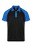 A black and blue polo shirt with short sleeves and a collar, featuring a logo on the left side.