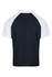 A navy polo shirt with white sleeves and a logo on the back.