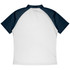 A polo shirt with a white body and navy blue sleeves, featuring a logo on the chest.