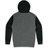 A grey and black hooded jumper featuring long sleeves and a hood, with a logo on the back.
