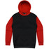 A black hoodie with red sleeves and a red hood, featuring a front pocket and a logo on the upper chest.