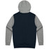 A hooded jumper featuring a navy body and grey sleeves, designed for kids, with a logo on it.