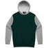 A green and grey hoodie with a kangaroo pocket and a hood. The design features contrasting sleeves and a logo.