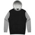 A black and grey hoodie featuring a front pocket and a double-layered hood with an internal light grey lining.