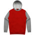 A red hoodie with grey sleeves and a front pocket. The hoodie features a hood and has a logo.