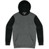 A grey and black hoodie featuring a front pocket and a hood, with a branding logo on the inside.