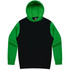 A black hoodie with green sleeves and a hood, featuring a front pocket and a logo.