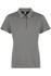A grey women's polo shirt with a collar, button placket, and contrasting black details. It features a logo.