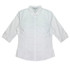 A white button-up shirt with 3/4 sleeves and a fitted design, featuring a collar and a logo.