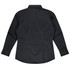 A black long sleeve button-up shirt with a fitted back and cuffed sleeves, featuring a logo.