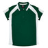 A green and white polo shirt featuring a logo, designed for women's wear.