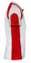 A white polo shirt with red sleeves and side panel, featuring a logo on the chest.
