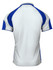 A polo shirt in white and blue, featuring a sporty design with contrasting sleeves, and a logo on the front.