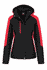 A black and red jacket with a hood, featuring a zippered pocket and a logo.