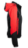 A black jacket with red accents, featuring a hood and zippered pockets, presented from the side.