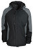 A black and grey jacket featuring a hood and zippered pockets, with branding on the chest.