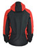 A men's jacket featuring a red and black design, showcasing a hood and a sporty cut. It has branding on the side.