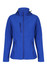 A blue soft shell jacket featuring a hood, zippered pockets, and a fitted design. It includes branding on the fabric.