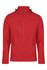 A red jacket with a zip front, adjustable hood, and zippered pockets, featuring a logo on the chest.
