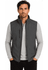 A grey men's vest is displayed, featuring a zippered front and side pockets, with a logo on the chest.
