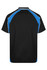 A black polo shirt with blue accents and white detailing, featuring a logo on the side.