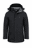 A black jacket with a hood and grey lining, featuring buttons and a logo on the chest.