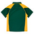 A polo shirt featuring a green and yellow design, with a classic collar and short sleeves. It has a logo on it.