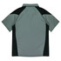 A polo shirt in grey with black accents, featuring a standard collar and short sleeves. It has a logo on the front.