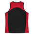 A red and black singlet with a curved design on the back and a small logo.