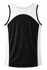 A men's singlet featuring a black front with white side panels and a rounded design at the back. It has a logo.