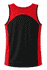 A red and black men's singlet featuring a curved design and a logo on the chest area.