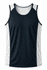 A navy and white singlet with a sporty design and a branded logo.