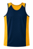 A navy and yellow singlet featuring a logo, designed for men's wear.