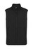 A black sleeveless vest with a high collar and zippered pockets, featuring a branding logo.