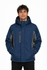 A navy blue and grey men's jacket with a hood and front zip, featuring a logo on the chest.