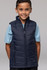 A navy puffer vest designed for children, featuring a zip front and side pockets.