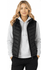 A black puffer vest worn over a grey hoodie, featuring a zip closure and a logo on the chest.
