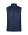 A navy blue men's vest features a quilted design, raised collar, and zippered pockets, with a logo present.