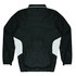 A dark green jumper with white accents, featuring a collar and elastic cuffs, displayed from the back.