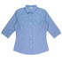 A blue and white checked button-up shirt with 3/4 sleeves and a collar. It has a logo on the chest area.