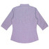 A button-up shirt with 3/4 sleeves in a purple check pattern, featuring a collar and a fitted design. It has a logo.