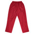Red track pants with an elastic waistband and a side pocket, featuring a logo on the front.