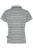 A polo shirt in grey with alternating thin black stripes and a collar, featuring a logo on the side.