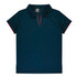 A dark navy polo shirt with a short collar and red trim, featuring a branding logo.