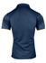 A navy blue polo shirt featuring a contrasting trim, with a branded logo on the back.
