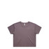 A purple cropped t-shirt with short sleeves and a plain design, featuring a branding label inside.