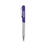 A slim metallic pen with a purple grip and silver barrel, featuring a clip and branding.