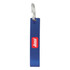 A drink bottle opener in blue metal featuring a logo, attached to a silver keyring.