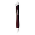 A metallic pen in burgundy with a white grip and silver accents, featuring a logo.