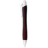 A sleek metallic pen in deep red with white accents and a textured grip, featuring a clip and branding.
